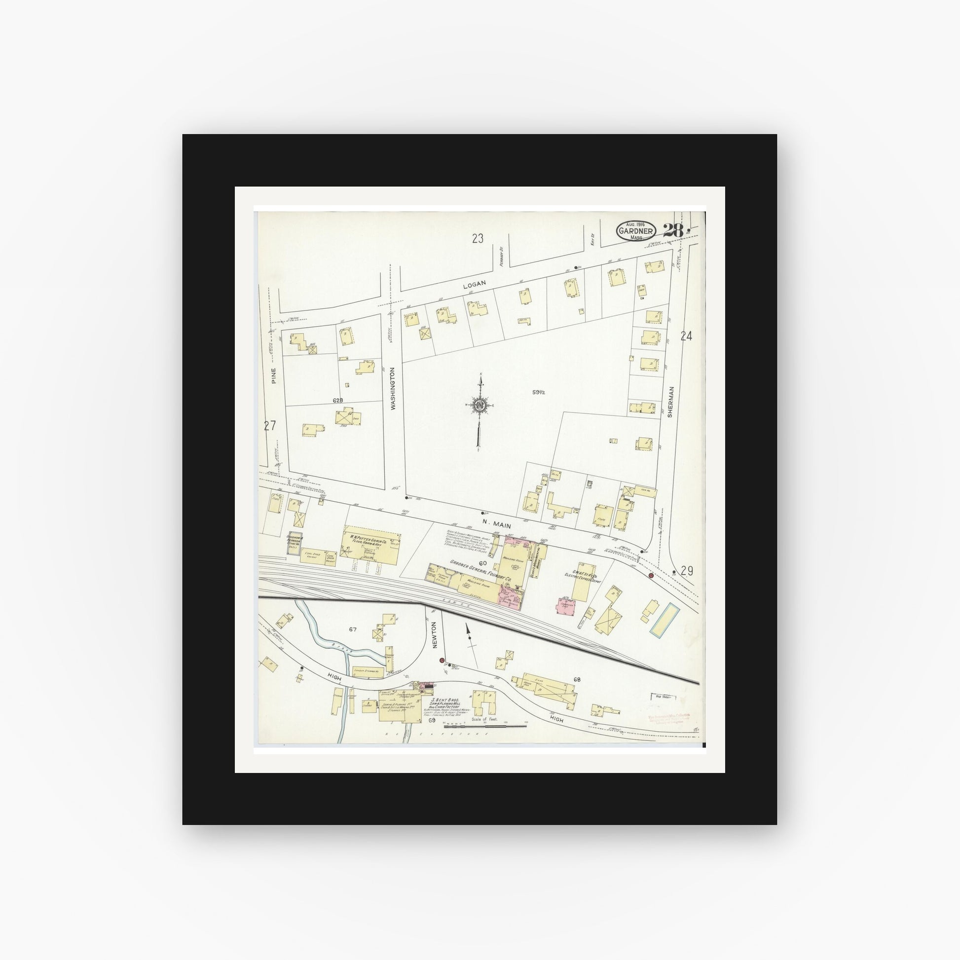 Old map wall art mockup — black gallery frame with white mat — Sanborn Fire Insurance Map from Gardner, Worcester County, Massachusetts (1914), Sheet #0028