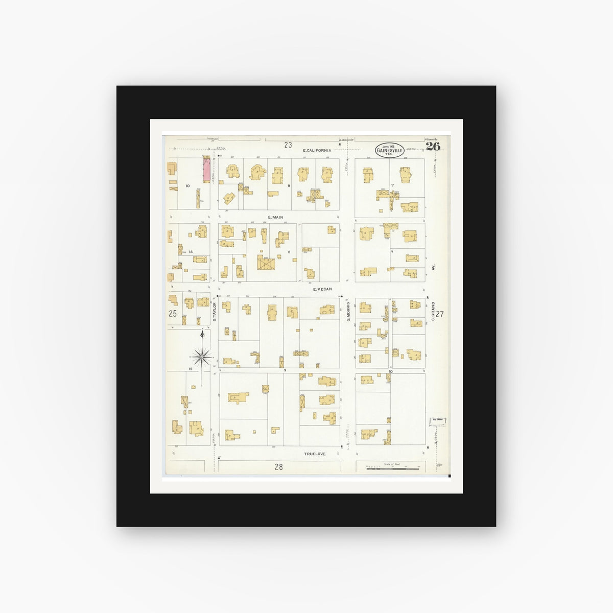 Old map wall art mockup — black gallery frame with white mat — Sanborn Fire Insurance Map from Gainesville, Cooke County, Texas (1908), Sheet #0026