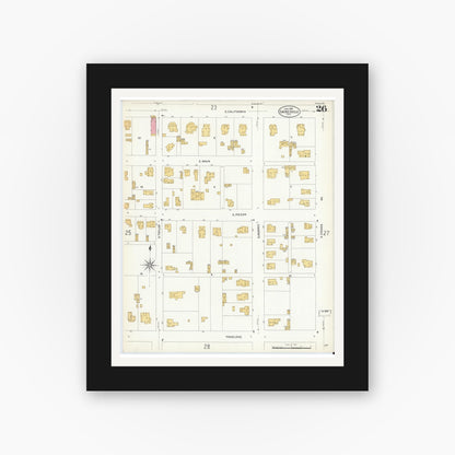Old map wall art mockup — black gallery frame with white mat — Sanborn Fire Insurance Map from Gainesville, Cooke County, Texas (1908), Sheet #0026