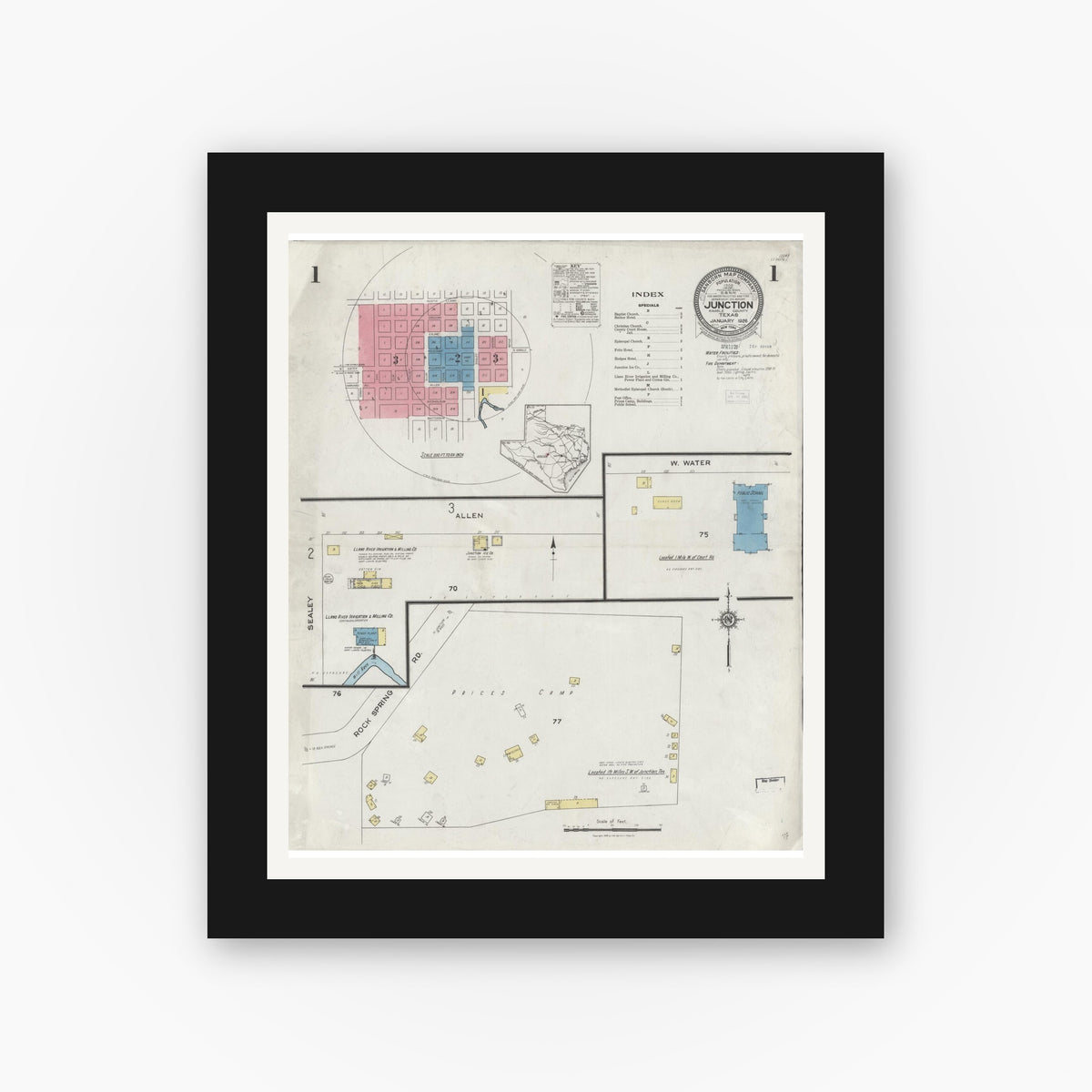 Old map wall art mockup — black gallery frame with white mat — Sanborn Fire Insurance Map from Junction, Kimble County, Texas (1926), Sheet #0001