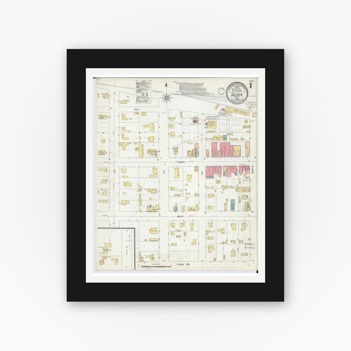 Old map wall art mockup — black gallery frame with white mat — Sanborn Fire Insurance Map from Baldwin, St. Croix County, Wisconsin (1902), Sheet #0001