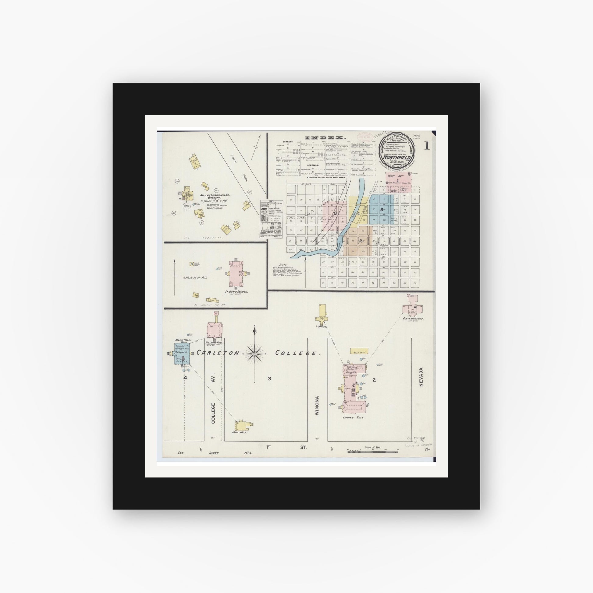 Old map wall art mockup — black gallery frame with white mat — Sanborn Fire Insurance Map from Northfield, Rice County, Minnesota (1889), Sheet #0001