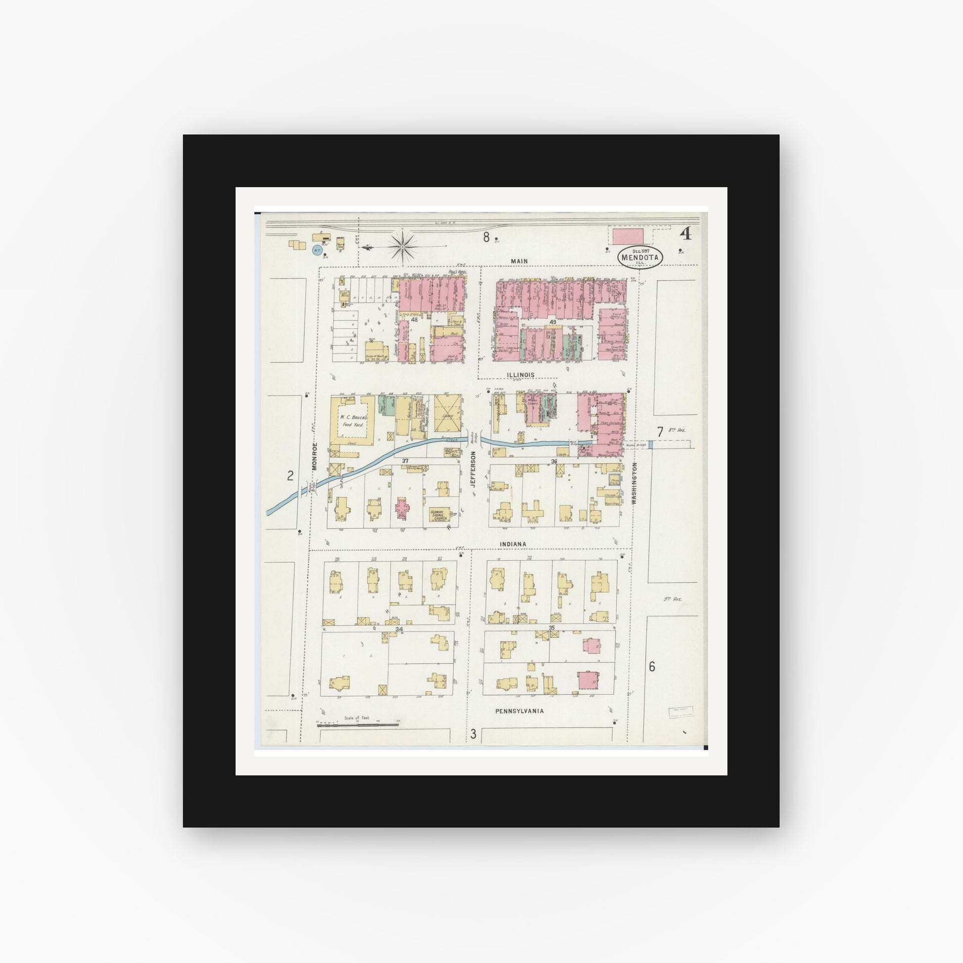 Old map wall art mockup — black gallery frame with white mat — Sanborn Fire Insurance Map from Mendota, La Salle County, Illinois (1897), Sheet #0004