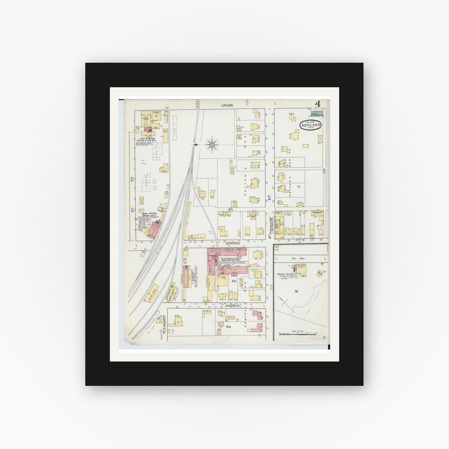 Old map wall art mockup — black gallery frame with white mat — Sanborn Fire Insurance Map from Ashland, Ashland County, Ohio (1893), Sheet #0004