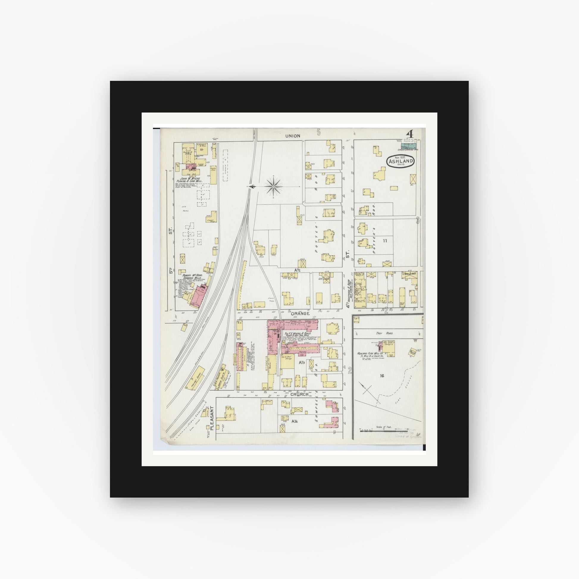 Old map wall art mockup — black gallery frame with white mat — Sanborn Fire Insurance Map from Ashland, Ashland County, Ohio (1893), Sheet #0004