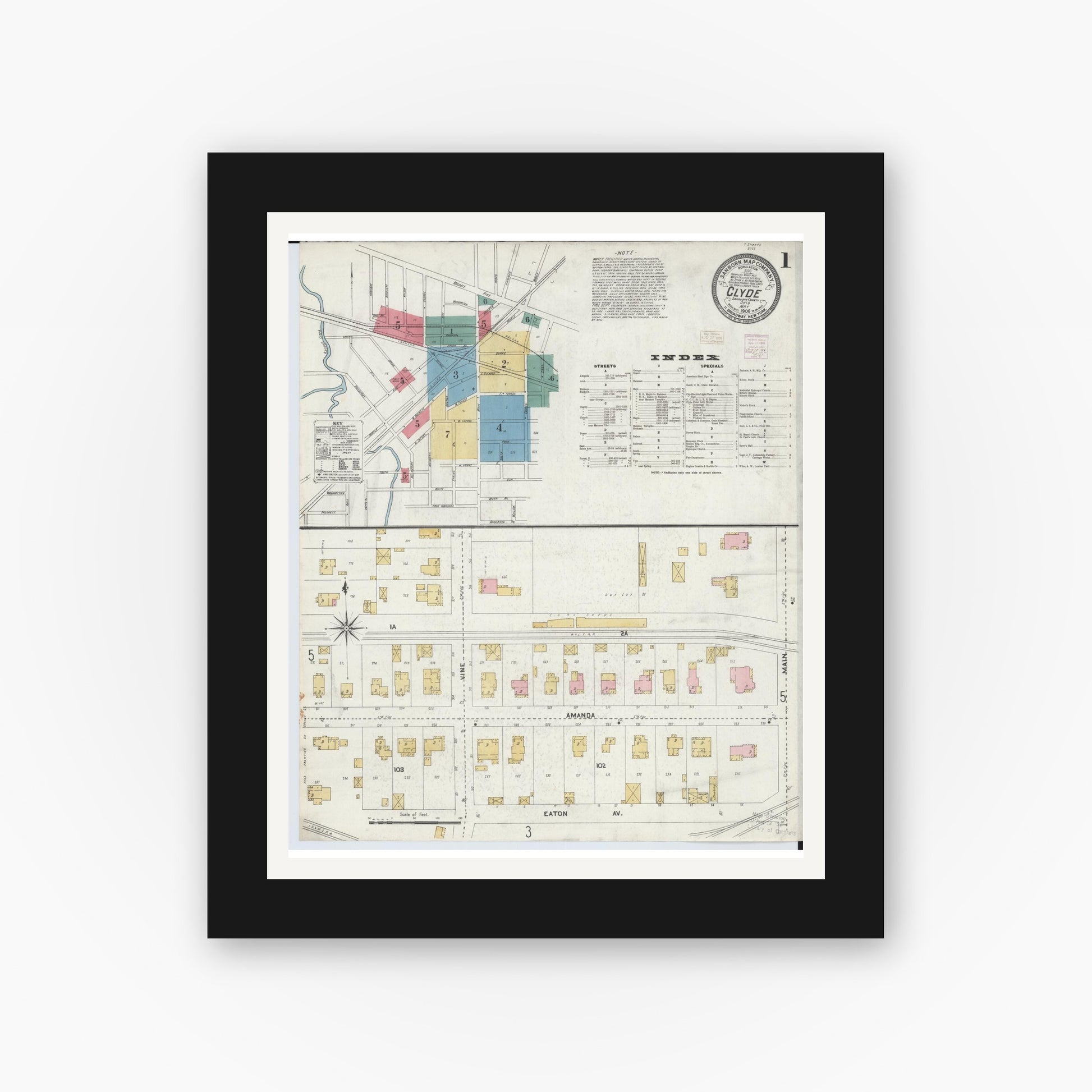 Old map wall art mockup — black gallery frame with white mat — Sanborn Fire Insurance Map from Clyde, Sandusky County, Ohio (1906), Sheet #0001