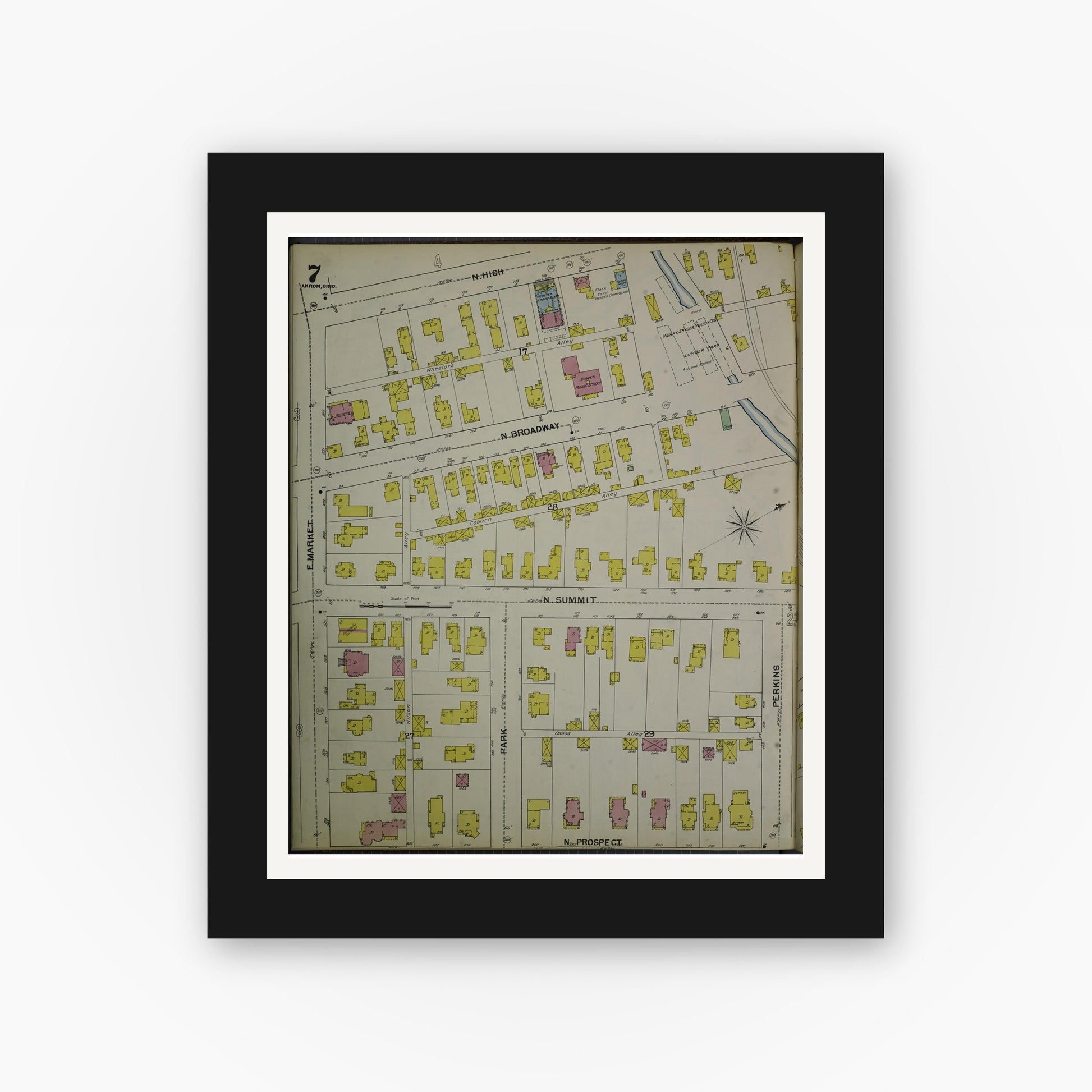 Old map wall art mockup — black gallery frame with white mat — Sanborn Fire Insurance Map from Akron, Summit County, Ohio (1892), Sheet #0007