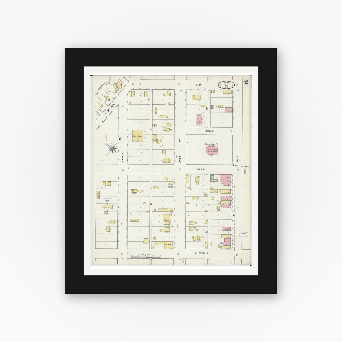 Old map wall art mockup — black gallery frame with white mat — Sanborn Fire Insurance Map from Phillips, Price County, Wisconsin (1895), Sheet #0002