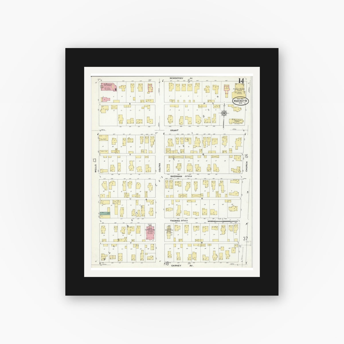 Old map wall art mockup — black gallery frame with white mat — Sanborn Fire Insurance Map from Marinette, Marinette County, Wisconsin (1910), Sheet #0014