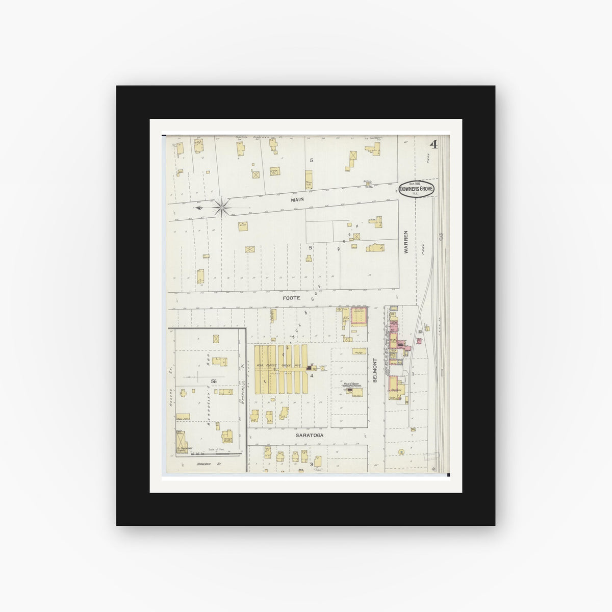 Old map wall art mockup — black gallery frame with white mat — Sanborn Fire Insurance Map from Downers Grove, Dupage County, Illinois (1892), Sheet #0004