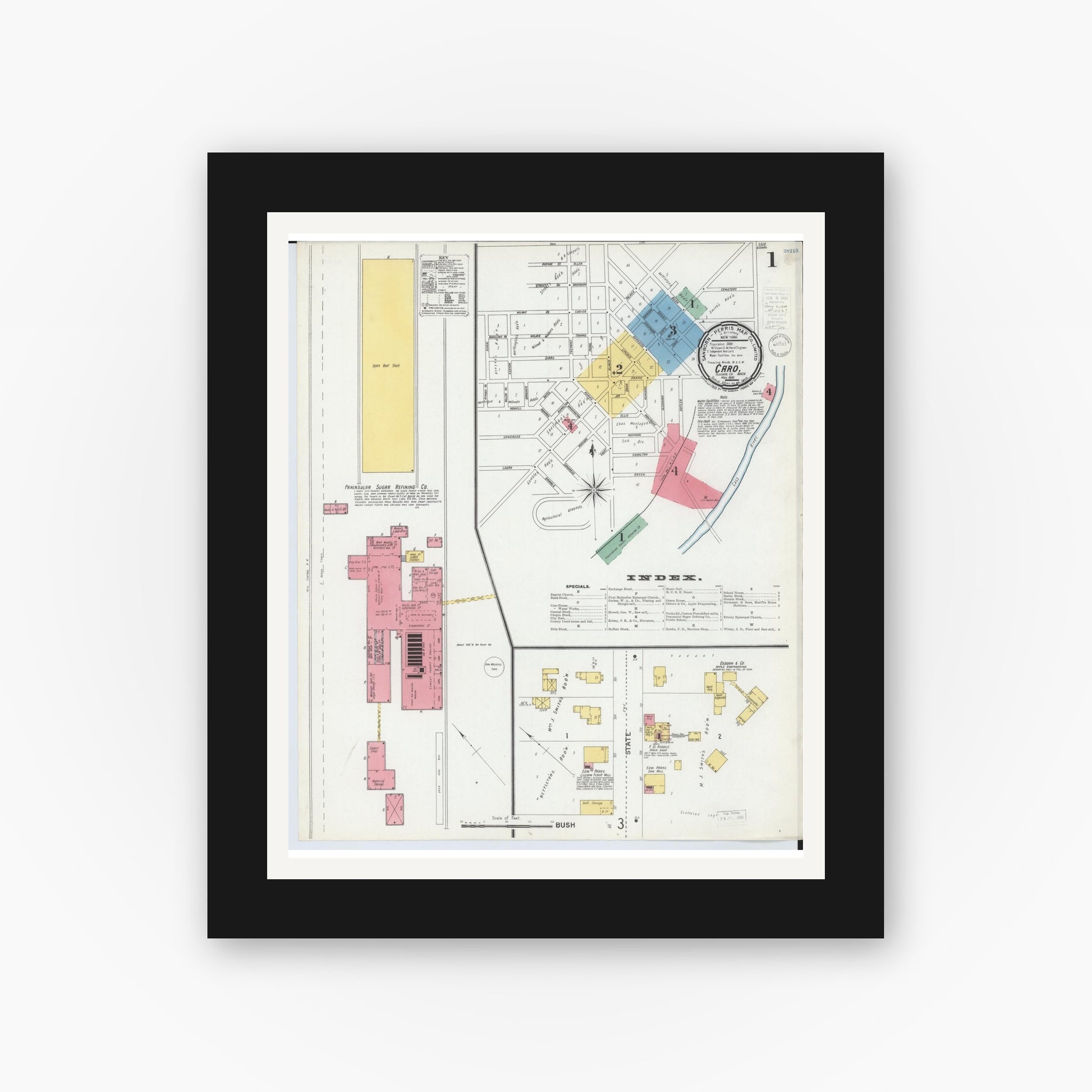 Old map wall art mockup — black gallery frame with white mat — Sanborn Fire Insurance Map from Caro, Tuscola County, Michigan (1900), Sheet #0001