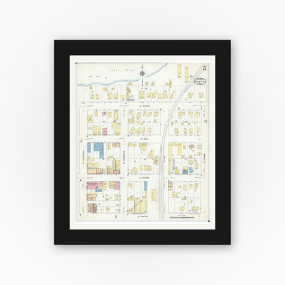 Old map wall art mockup — black gallery frame with white mat — Sanborn Fire Insurance Map from Austin, Mower County, Minnesota (1910), Sheet #0005