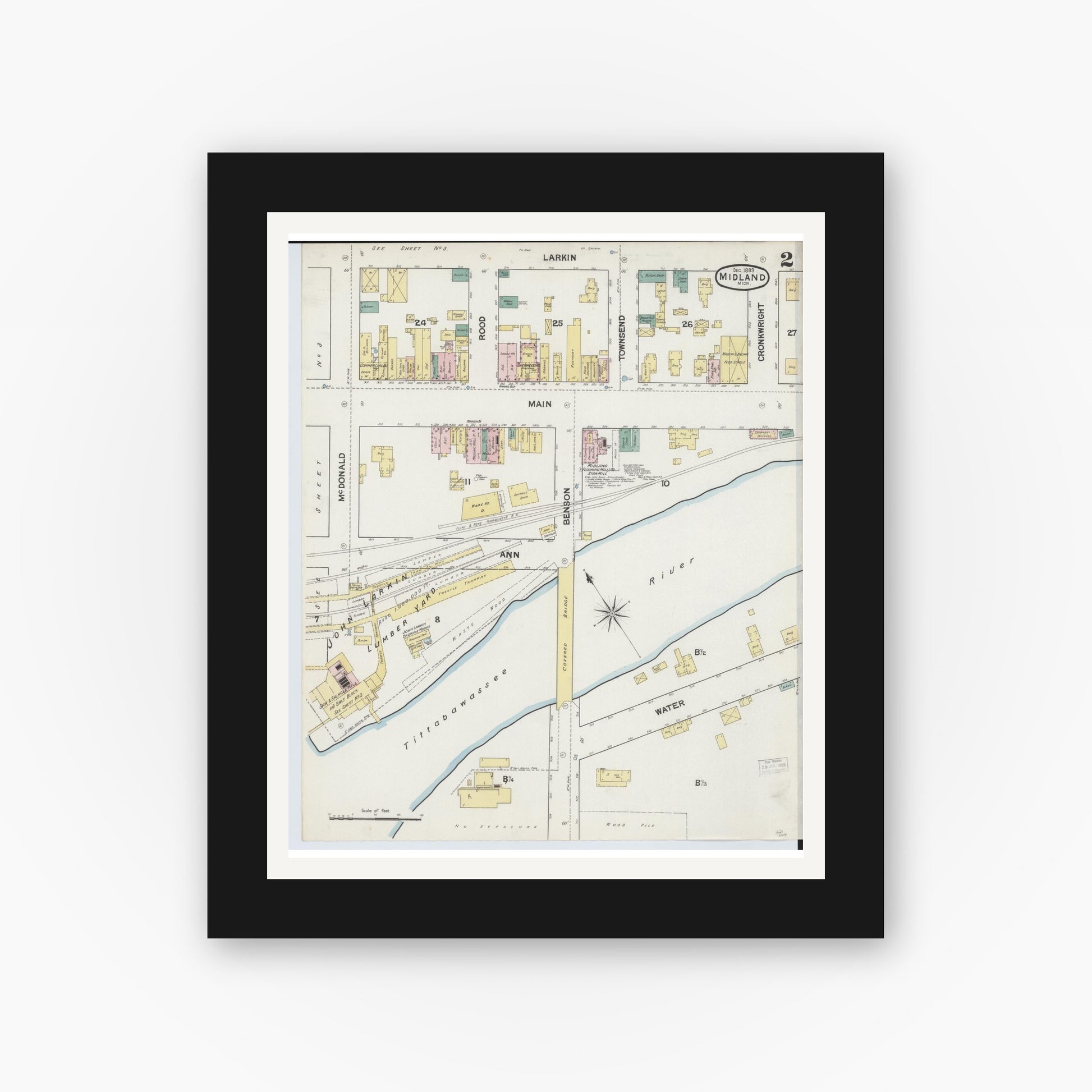 Old map wall art mockup — black gallery frame with white mat — Sanborn Fire Insurance Map from Midland, Midland County, Michigan (1889), Sheet #0002