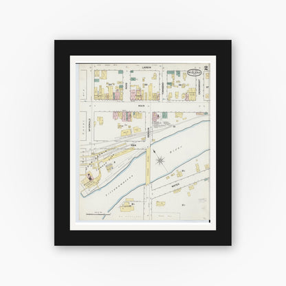 Old map wall art mockup — black gallery frame with white mat — Sanborn Fire Insurance Map from Midland, Midland County, Michigan (1889), Sheet #0002