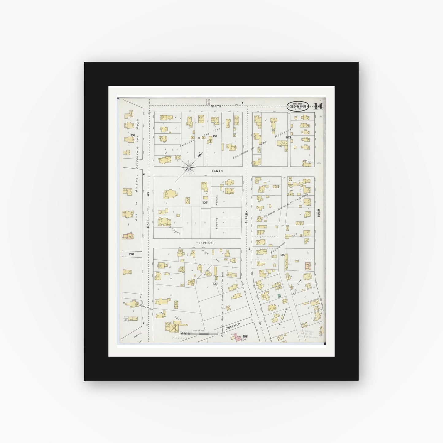 Old map wall art mockup — black gallery frame with white mat — Sanborn Fire Insurance Map from Red Wing, Goodhue County, Minnesota (1895), Sheet #0014