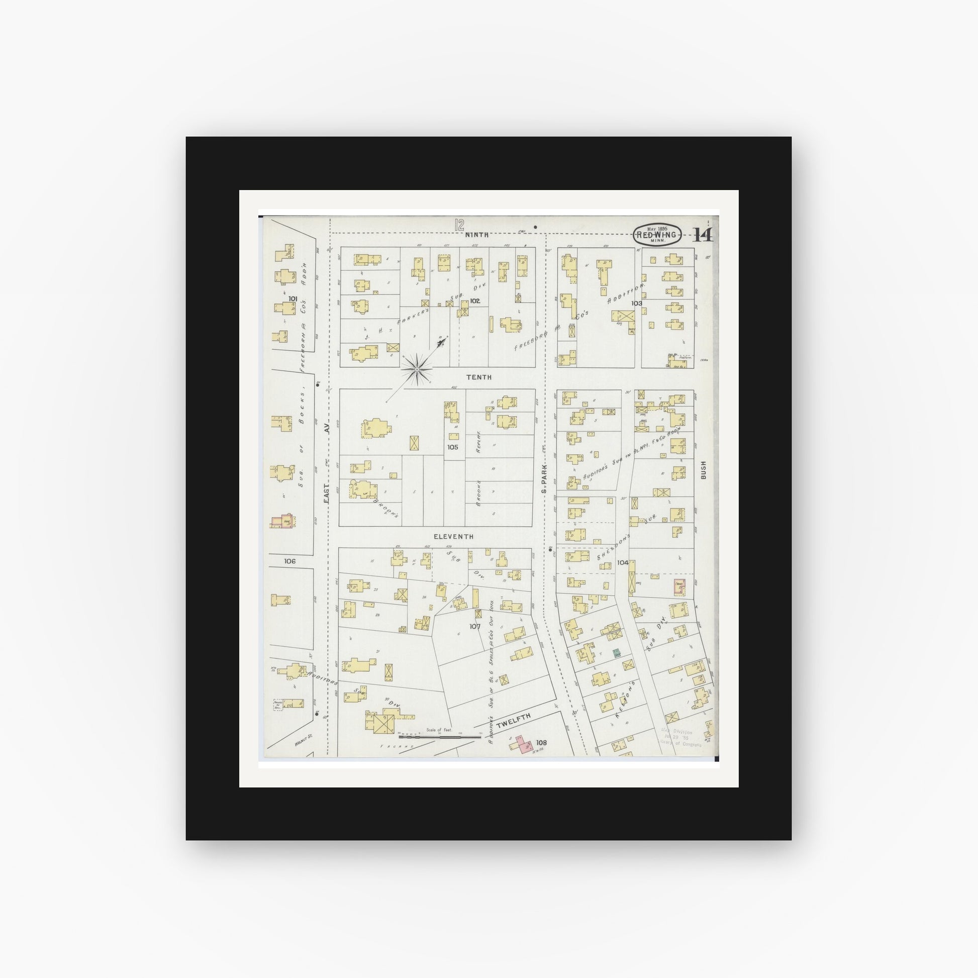 Old map wall art mockup — black gallery frame with white mat — Sanborn Fire Insurance Map from Red Wing, Goodhue County, Minnesota (1895), Sheet #0014
