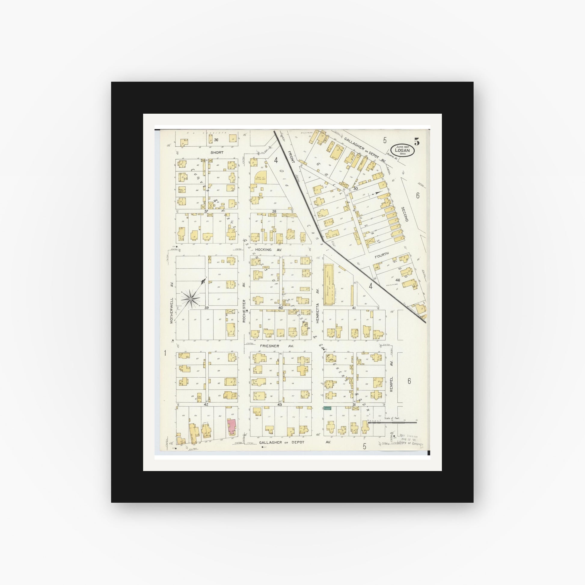 Old map wall art mockup — black gallery frame with white mat — Sanborn Fire Insurance Map from Logan, Hocking County, Ohio (1907), Sheet #0005