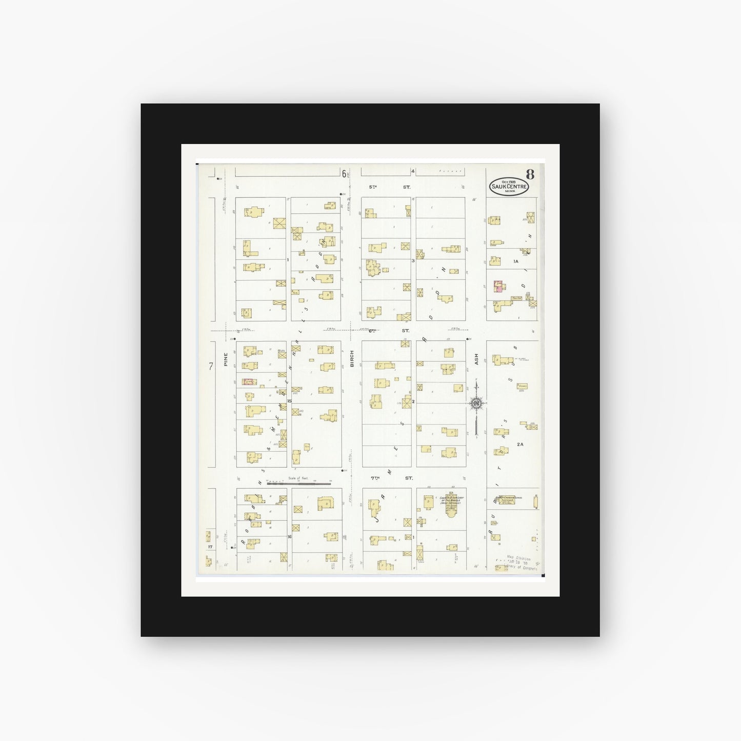 Old map wall art mockup — black gallery frame with white mat — Sanborn Fire Insurance Map from Sauk Centre, Stearns County, Minnesota (1909), Sheet #0008