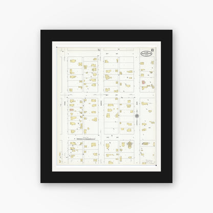 Old map wall art mockup — black gallery frame with white mat — Sanborn Fire Insurance Map from Sauk Centre, Stearns County, Minnesota (1909), Sheet #0008