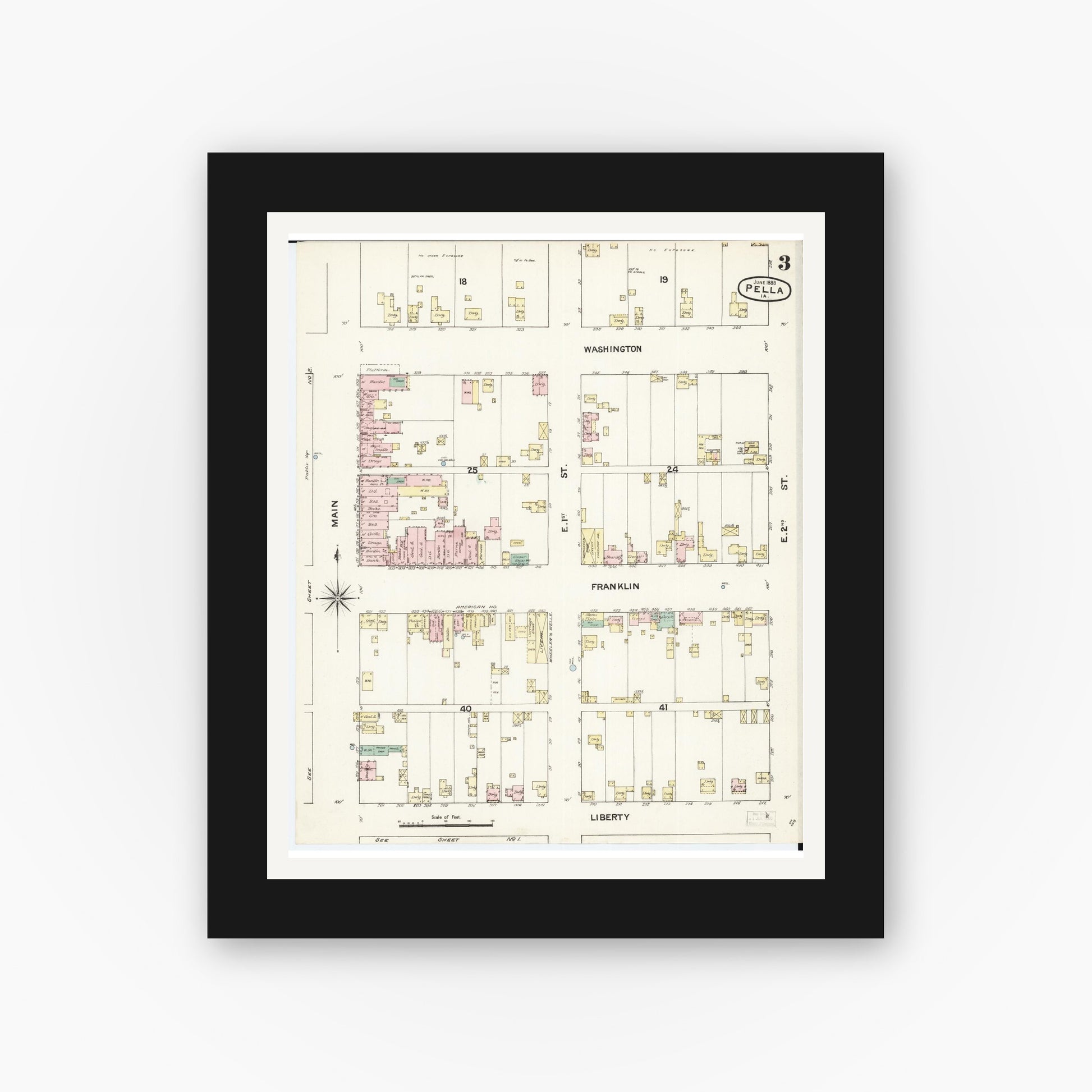 Old map wall art mockup — black gallery frame with white mat — Sanborn Fire Insurance Map from Pella, Marion County, Iowa (1888), Sheet #0003