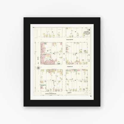 Old map wall art mockup — black gallery frame with white mat — Sanborn Fire Insurance Map from Pella, Marion County, Iowa (1888), Sheet #0003