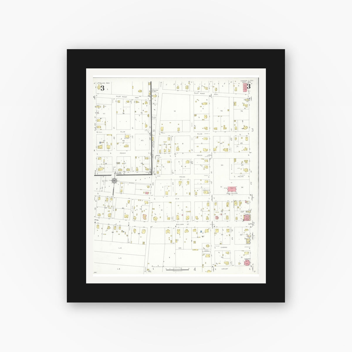Old map wall art mockup — black gallery frame with white mat — Sanborn Fire Insurance Map from Sanger, Denton County, Texas (1935), Sheet #0003