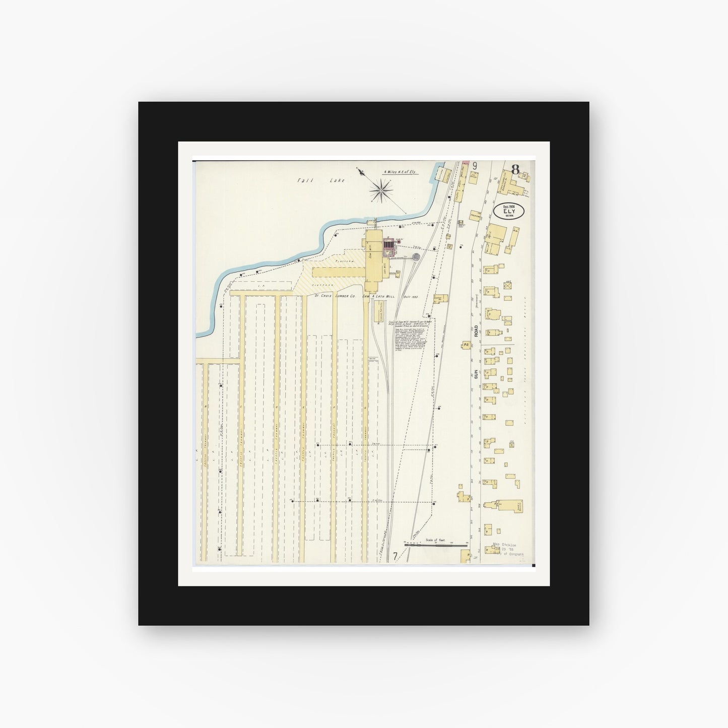 Old map wall art mockup — black gallery frame with white mat — Sanborn Fire Insurance Map from Ely, Saint Louis County, Minnesota (1906), Sheet #0008