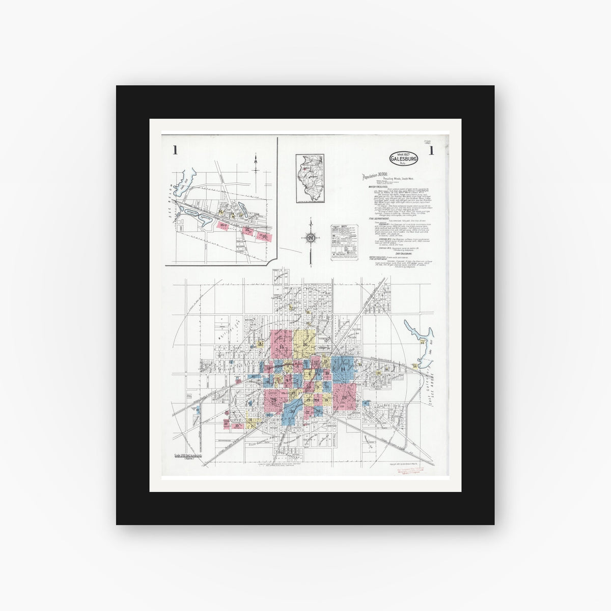 Old map wall art mockup — black gallery frame with white mat — Sanborn Fire Insurance Map from Galesburg, Knox County, Illinois (1927) - Complete Map Set