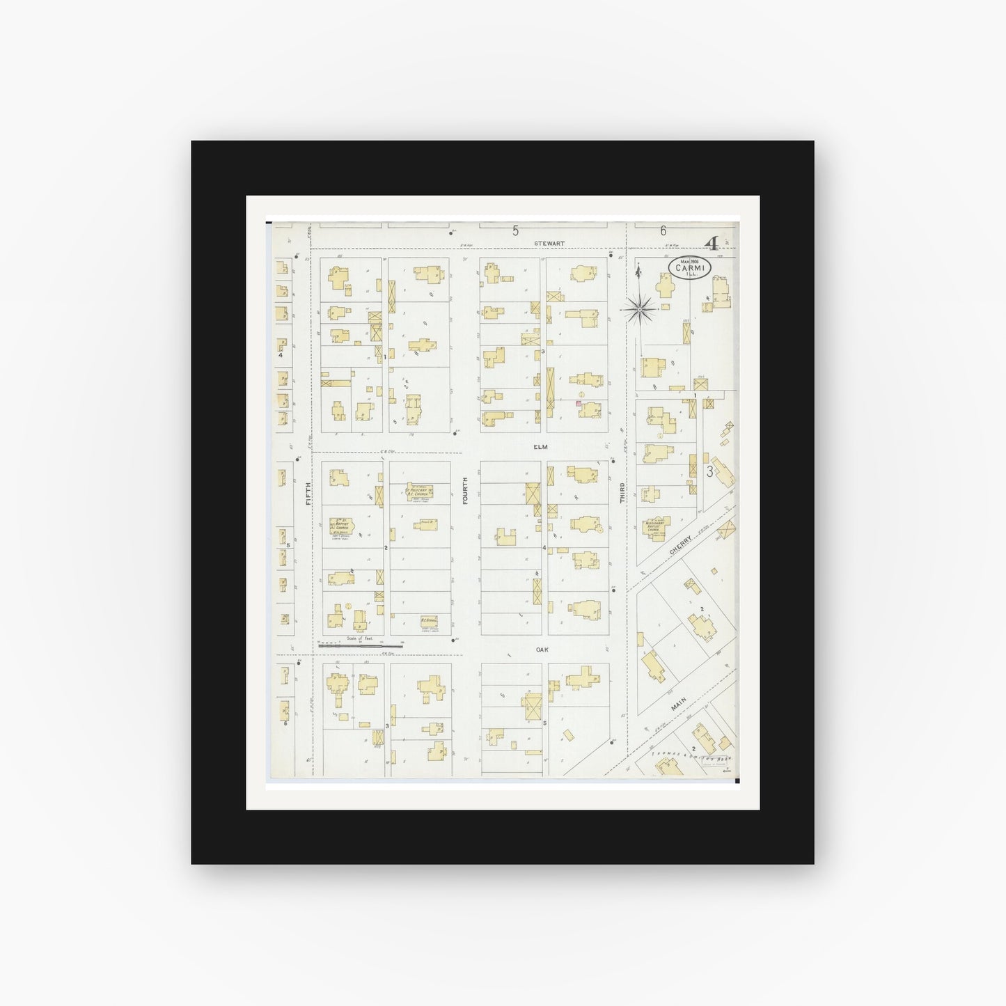Old map wall art mockup — black gallery frame with white mat — Sanborn Fire Insurance Map from Carmi, White County, Illinois (1906), Sheet #0004