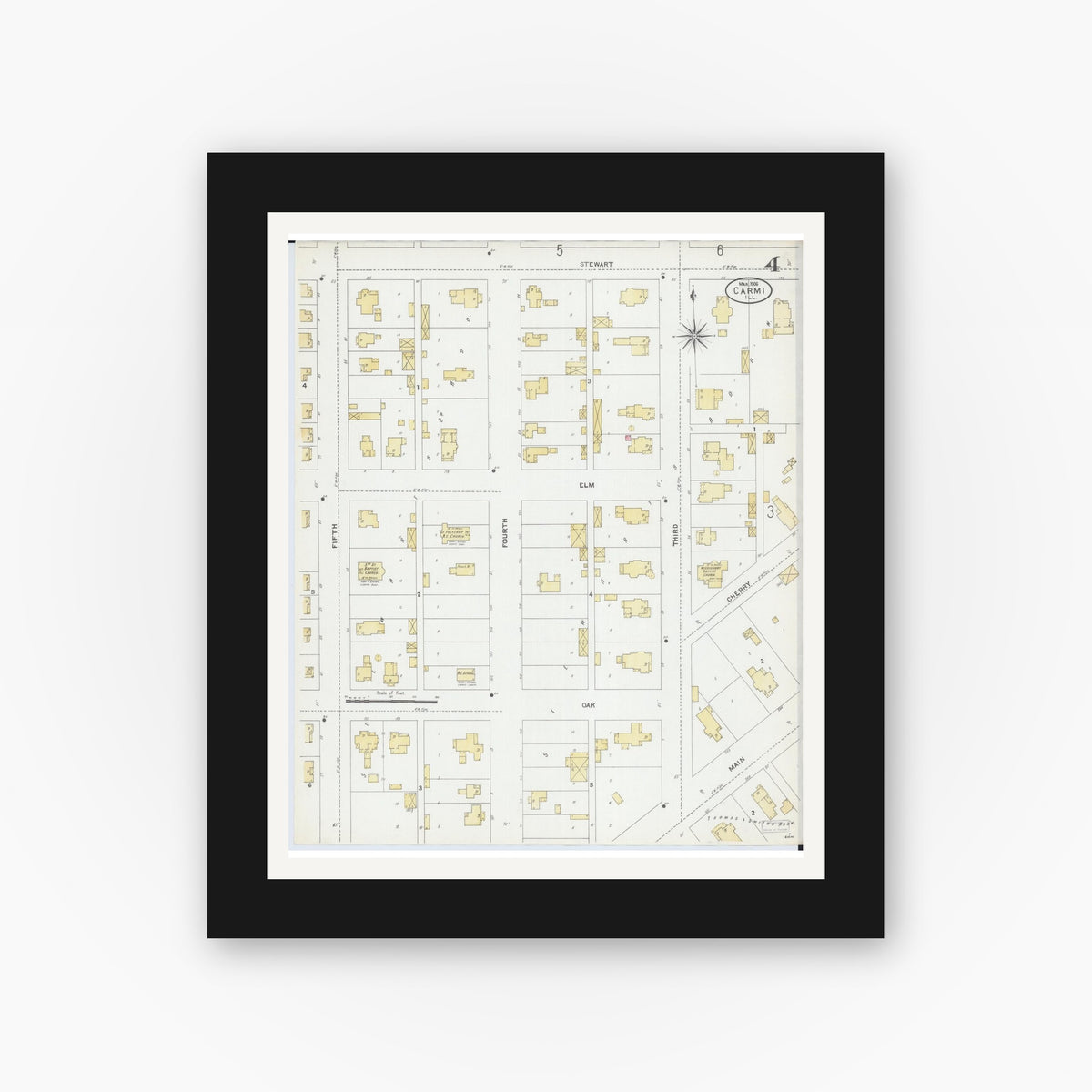 Old map wall art mockup — black gallery frame with white mat — Sanborn Fire Insurance Map from Carmi, White County, Illinois (1906), Sheet #0004