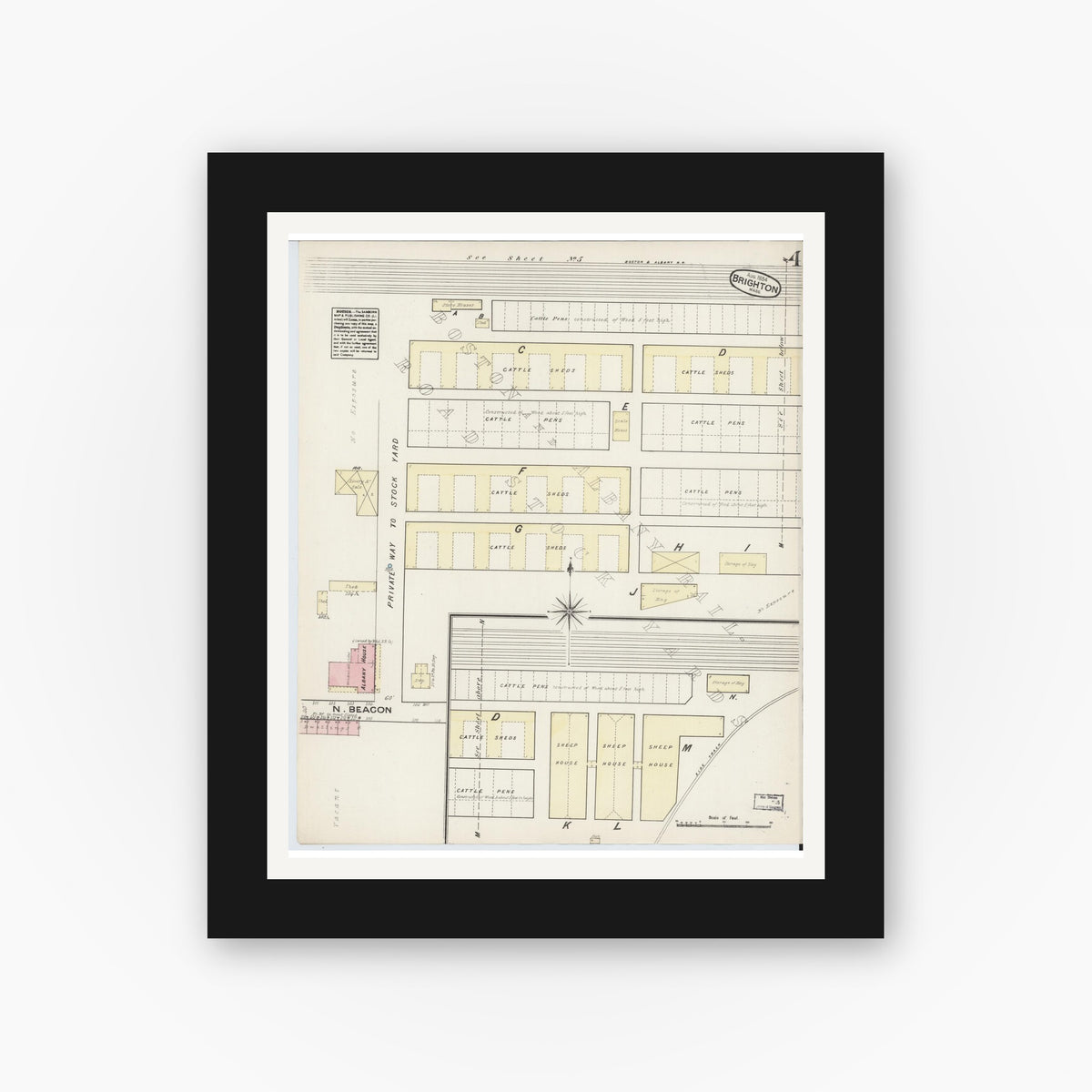 Old map wall art mockup — black gallery frame with white mat — Sanborn Fire Insurance Map from Brighton, Suffolk County, Massachusetts (1884), Sheet #0004