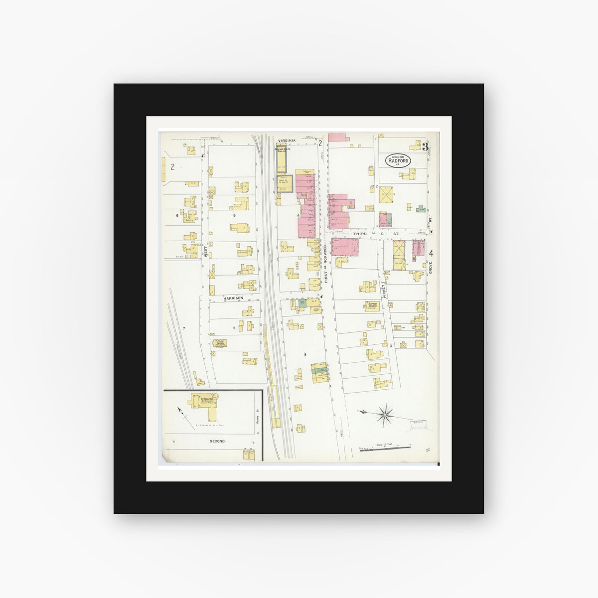 Old map wall art mockup — black gallery frame with white mat — Sanborn Fire Insurance Map from Radford, Independent Cities, Virginia (1908), Sheet #0003