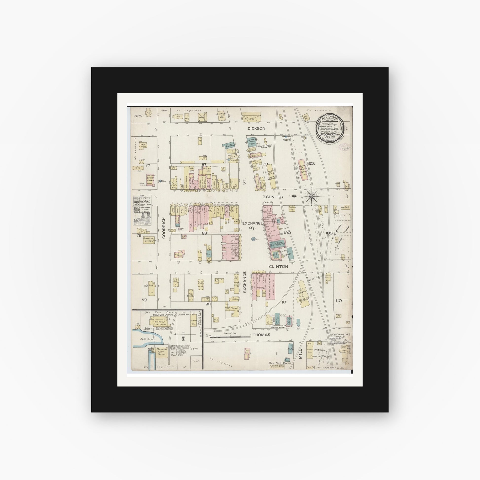 Old map wall art mockup — black gallery frame with white mat — Sanborn Fire Insurance Map from Brodhead, Green County, Wisconsin (1887), Sheet #0001