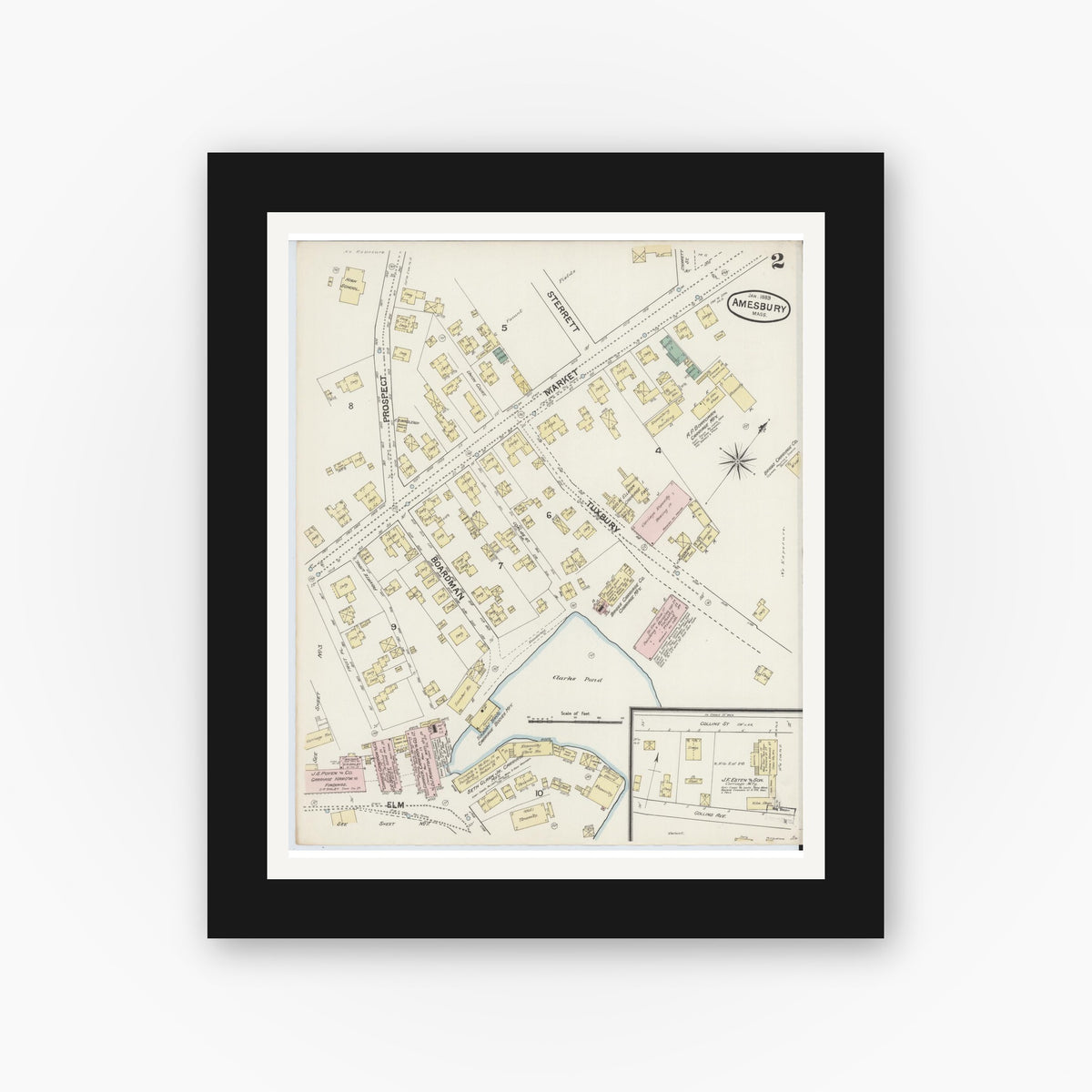 Old map wall art mockup — black gallery frame with white mat — Sanborn Fire Insurance Map from Amesbury, Essex County, Massachusetts (1889), Sheet #0002