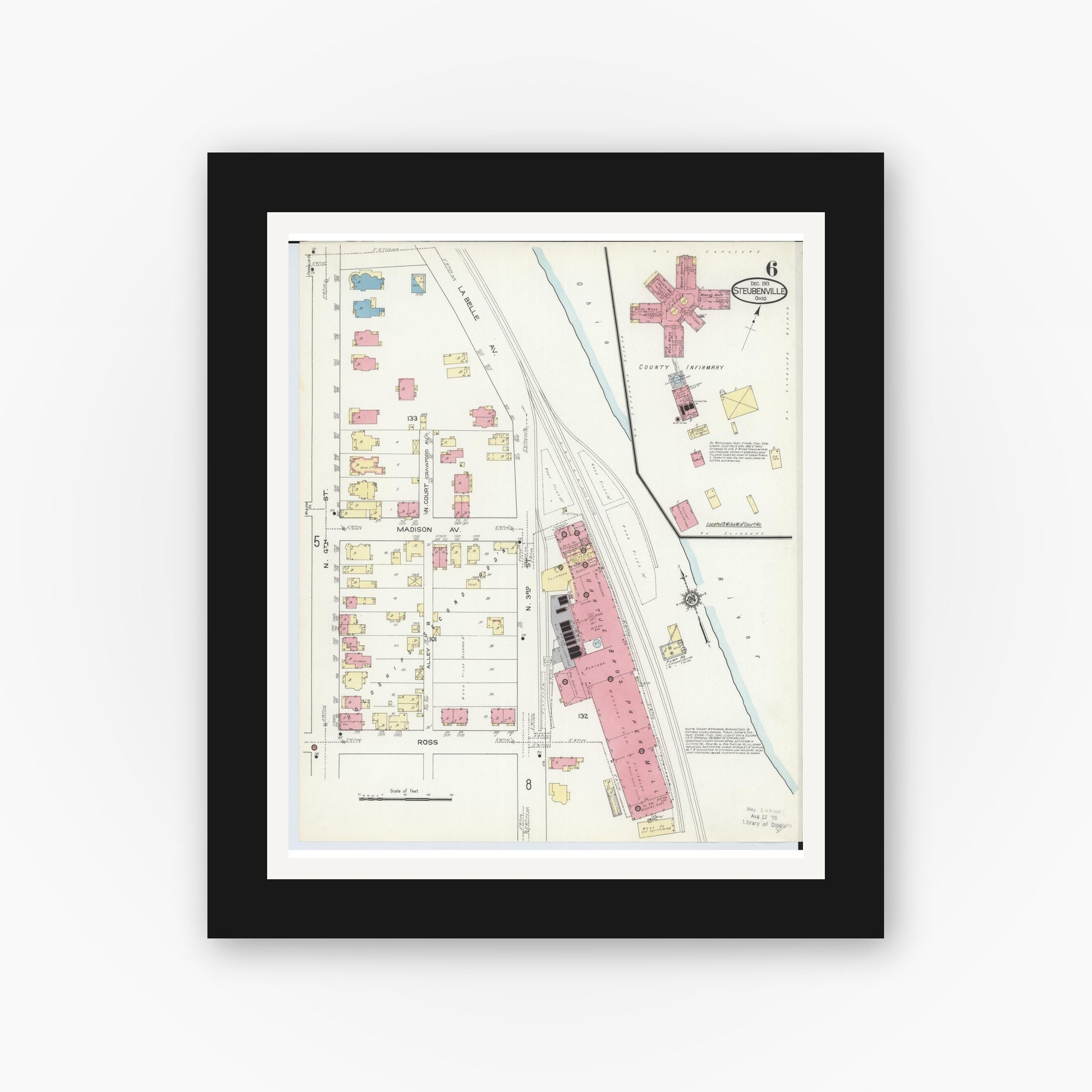 Old map wall art mockup — black gallery frame with white mat — Sanborn Fire Insurance Map from Steubenville, Jefferson County, Ohio (1913), Sheet #0006