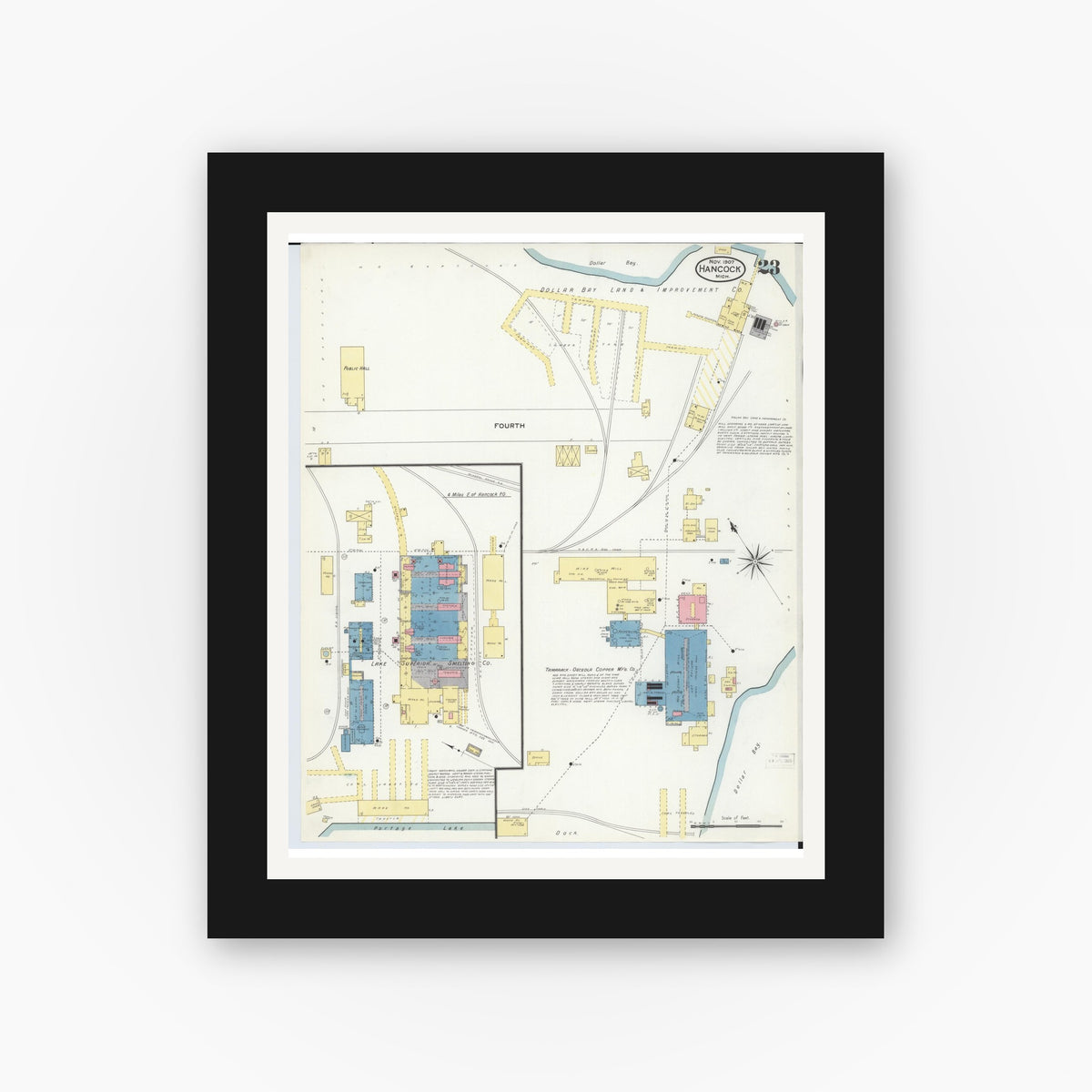 Old map wall art mockup — black gallery frame with white mat — Sanborn Fire Insurance Map from Hancock, Houghton County, Michigan (1907), Sheet #0023