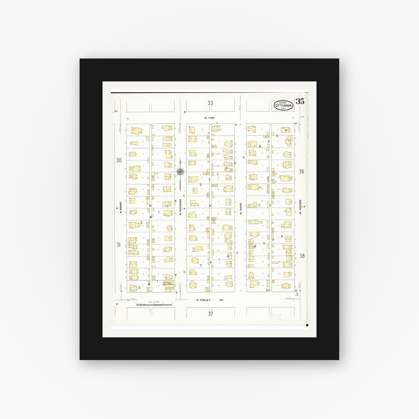 Old map wall art mockup — black gallery frame with white mat — Sanborn Fire Insurance Map from Ottumwa, Wapello County, Iowa (1909), Sheet #0035