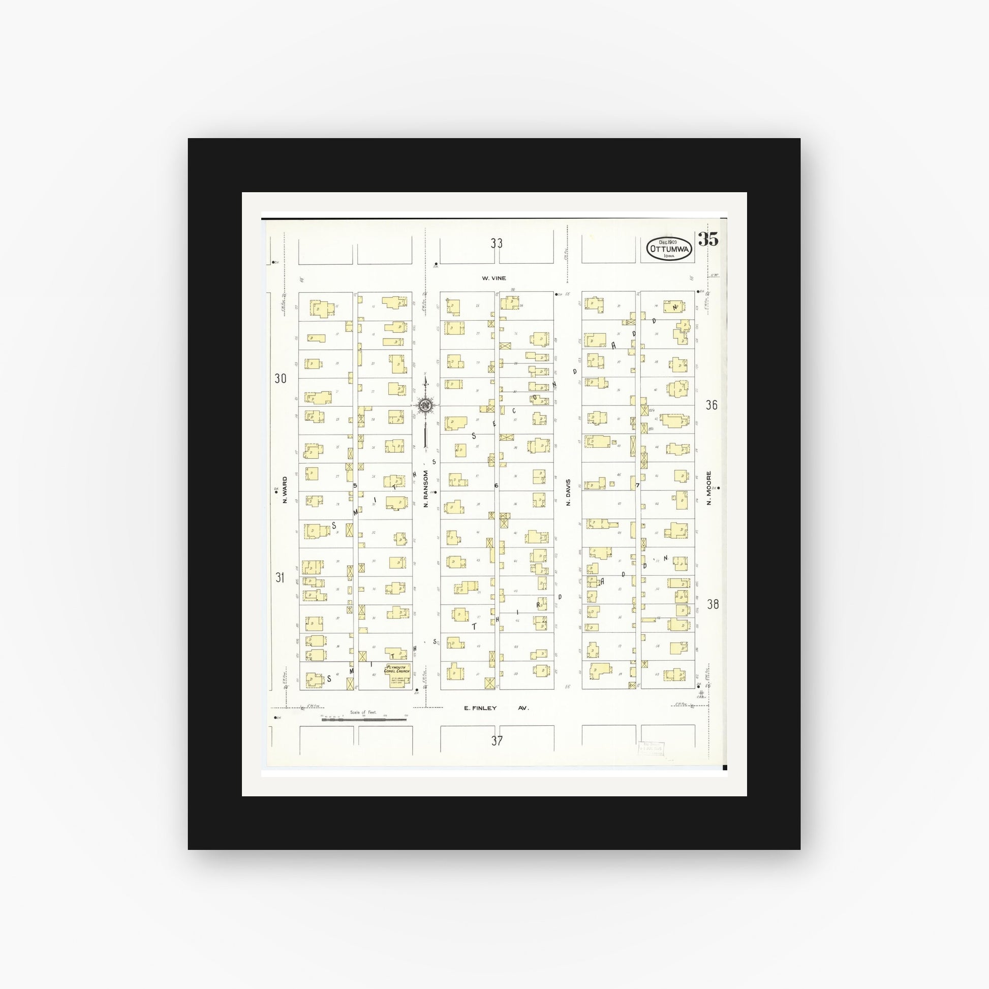 Old map wall art mockup — black gallery frame with white mat — Sanborn Fire Insurance Map from Ottumwa, Wapello County, Iowa (1909), Sheet #0035