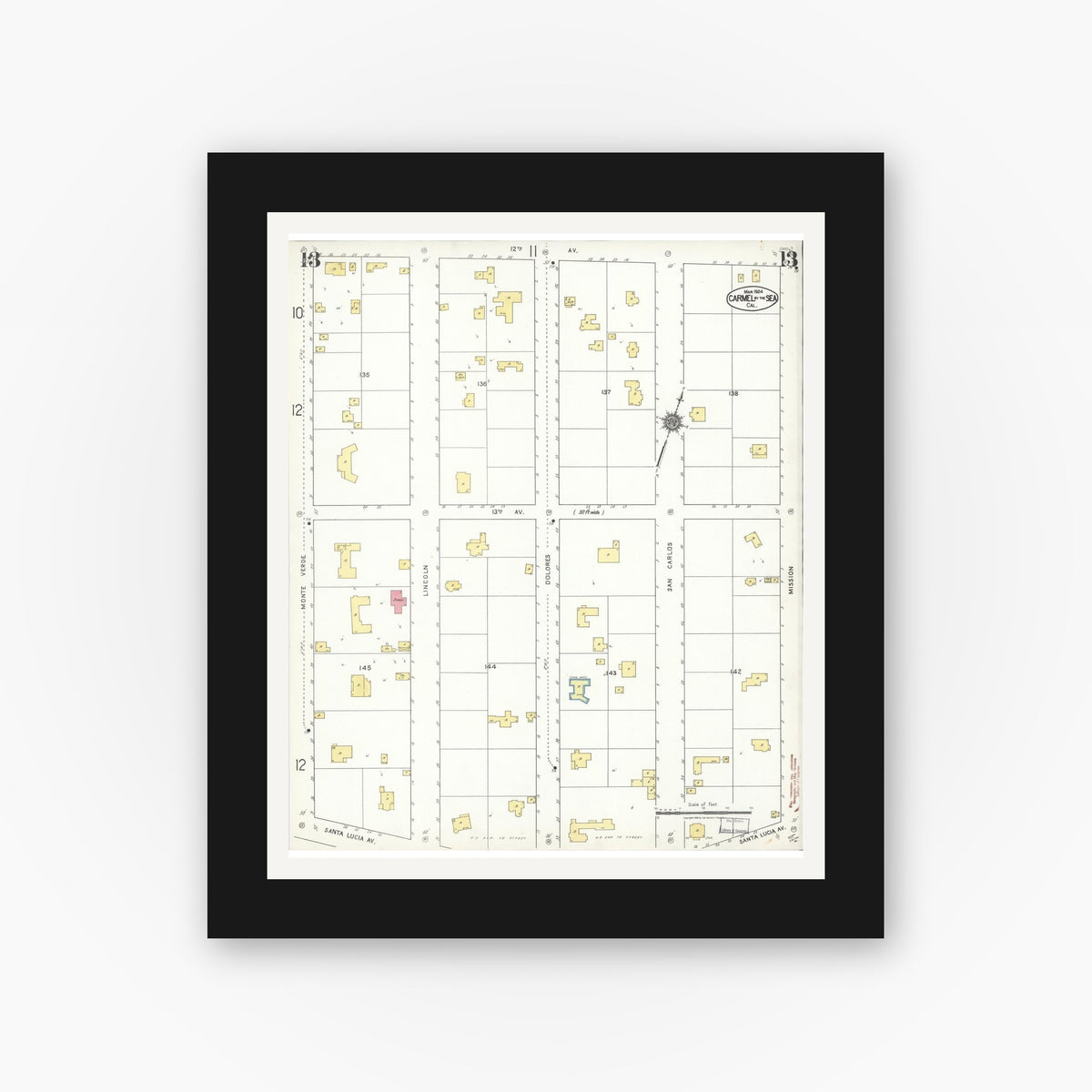 Old map wall art mockup — black gallery frame with white mat — Sanborn Fire Insurance Map from Carmel By The Sea, Monterey County, California (1924), Sheet #0013