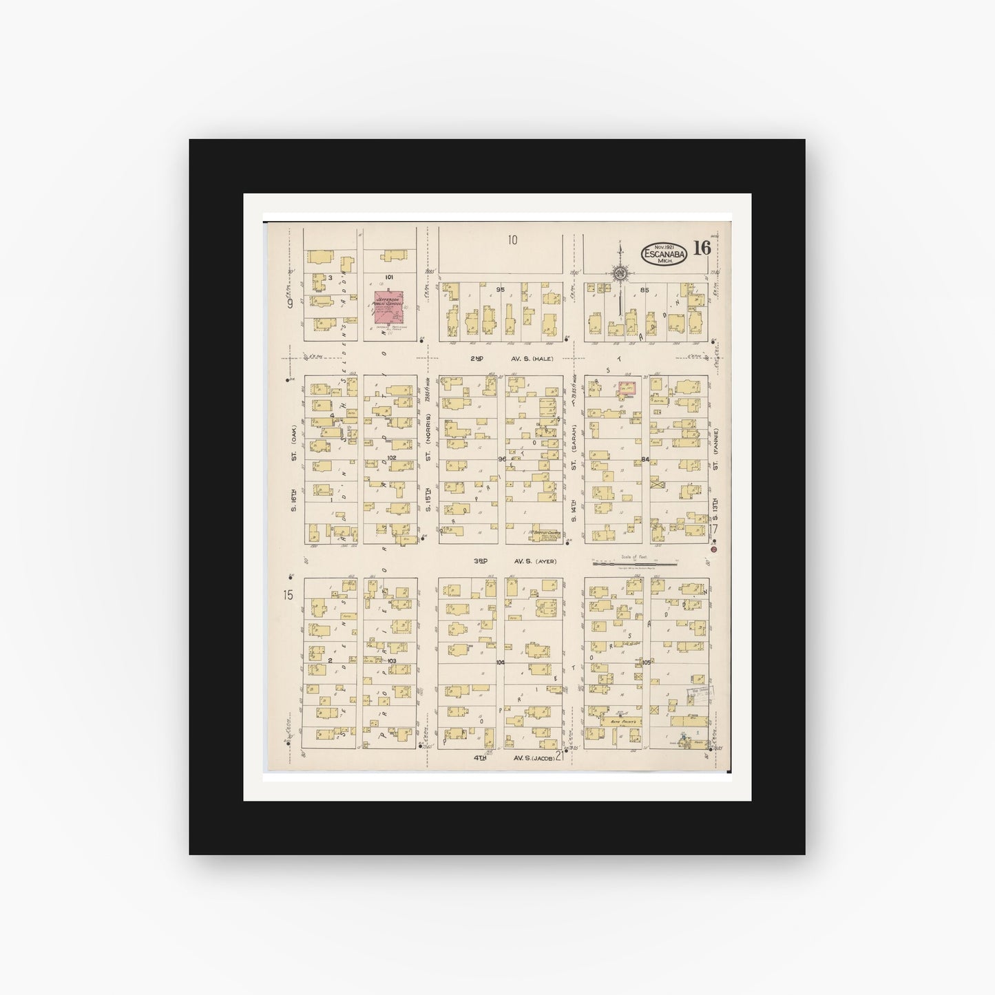 Old map wall art mockup — black gallery frame with white mat — Sanborn Fire Insurance Map from Escanaba, Delta County, Michigan (1921), Sheet #0016