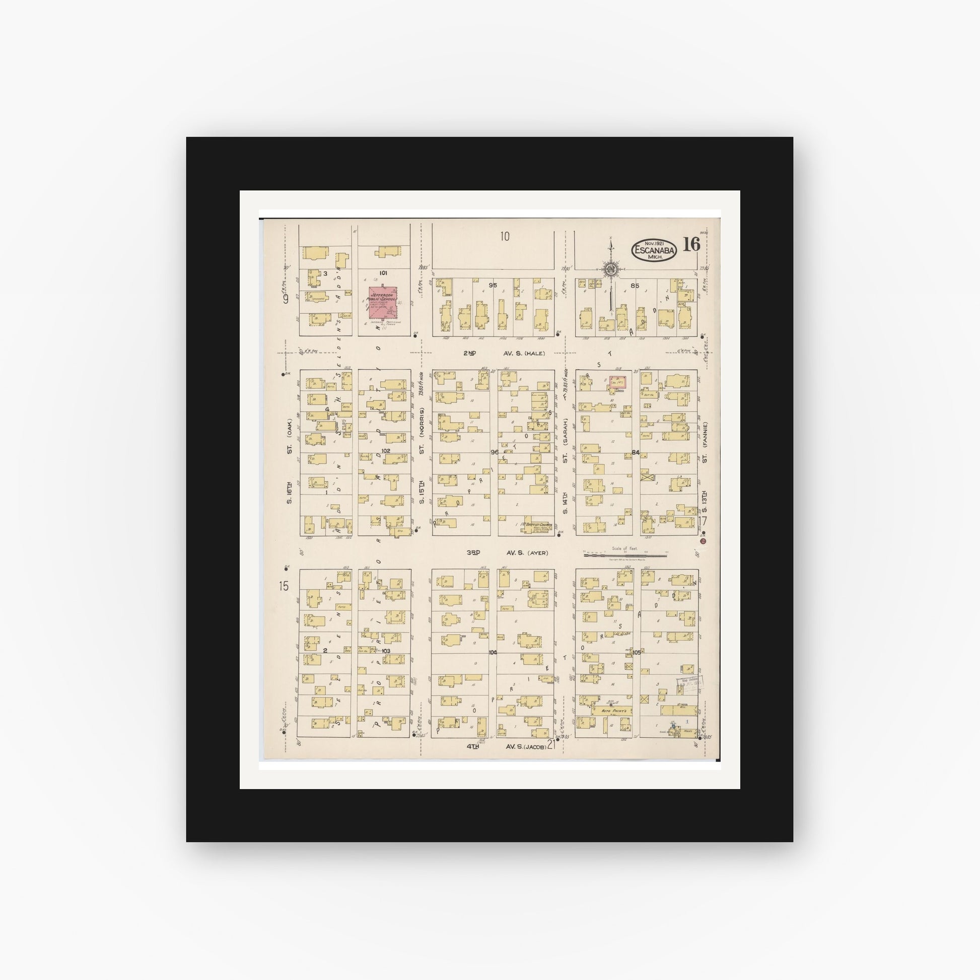 Old map wall art mockup — black gallery frame with white mat — Sanborn Fire Insurance Map from Escanaba, Delta County, Michigan (1921), Sheet #0016