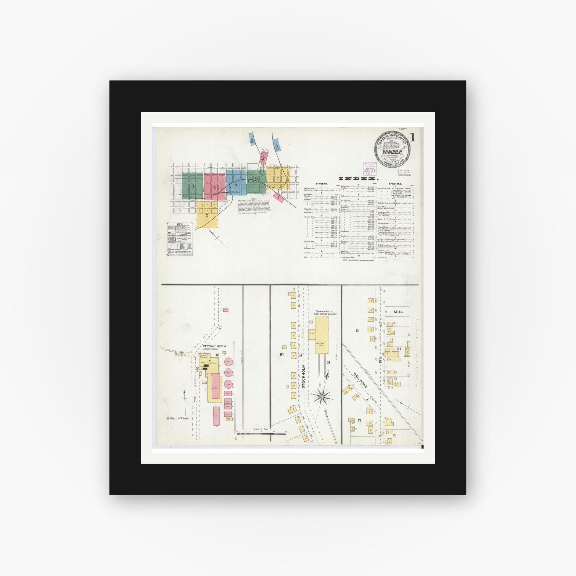 Old map wall art mockup — black gallery frame with white mat — Sanborn Fire Insurance Map from Windber, Somerset County, Pennsylvania (1904), Sheet #0001