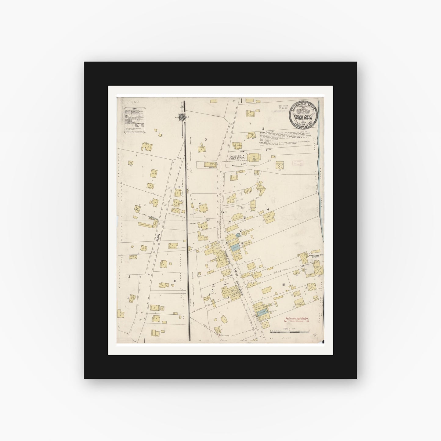 Old map wall art mockup — black gallery frame with white mat — Sanborn Fire Insurance Map from French Gulch, Shasta County, California (1912), Sheet #0001