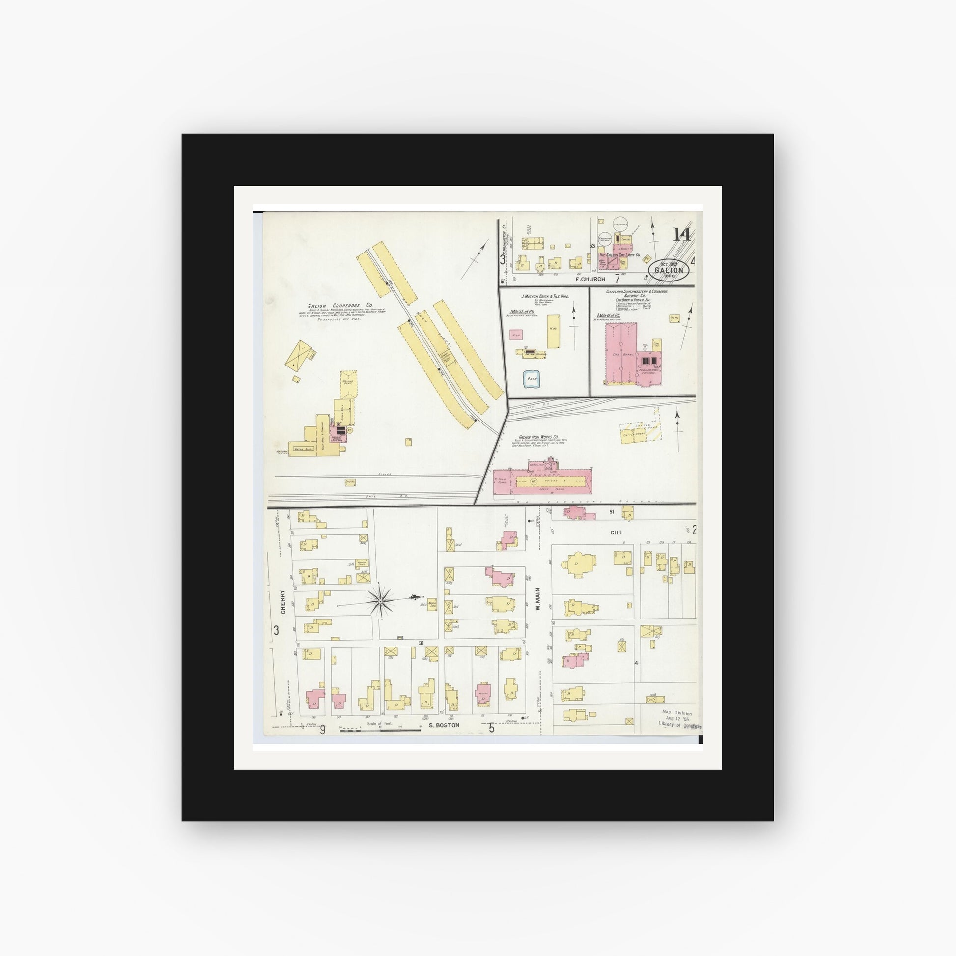 Old map wall art mockup — black gallery frame with white mat — Sanborn Fire Insurance Map from Galion, Crawford County, Ohio (1907), Sheet #0014
