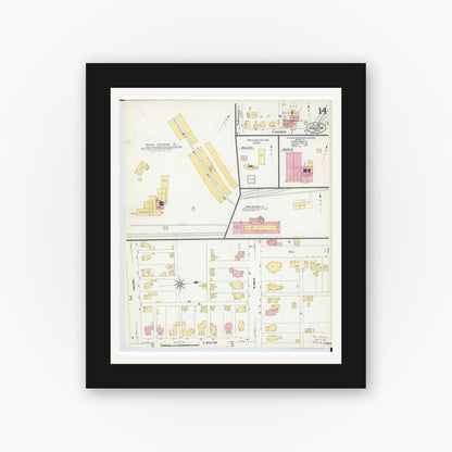 Old map wall art mockup — black gallery frame with white mat — Sanborn Fire Insurance Map from Galion, Crawford County, Ohio (1907), Sheet #0014