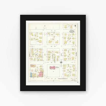Old map wall art mockup — black gallery frame with white mat — Sanborn Fire Insurance Map from Taylor, Williamson County, Texas (1912), Sheet #0008
