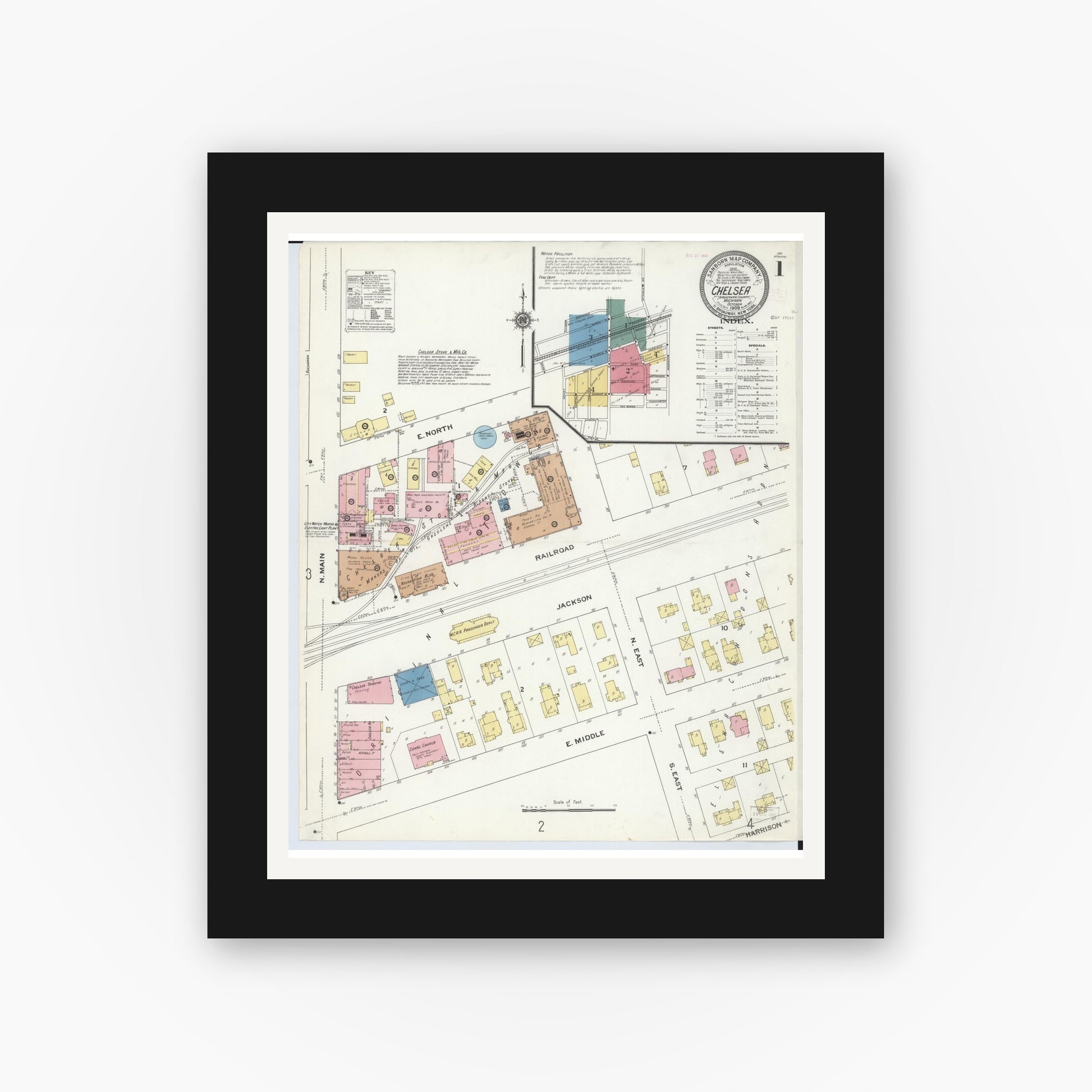 Old map wall art mockup — black gallery frame with white mat — Sanborn Fire Insurance Map from Chelsea, Washtenaw County, Michigan (1909) - Complete Map Set