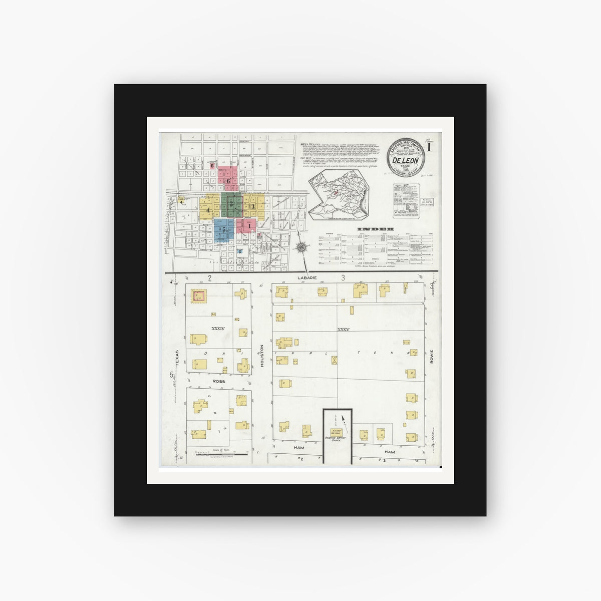 Old map wall art mockup — black gallery frame with white mat — Sanborn Fire Insurance Map from De Leon, Comanche County, Texas (1920) - Complete Map Set