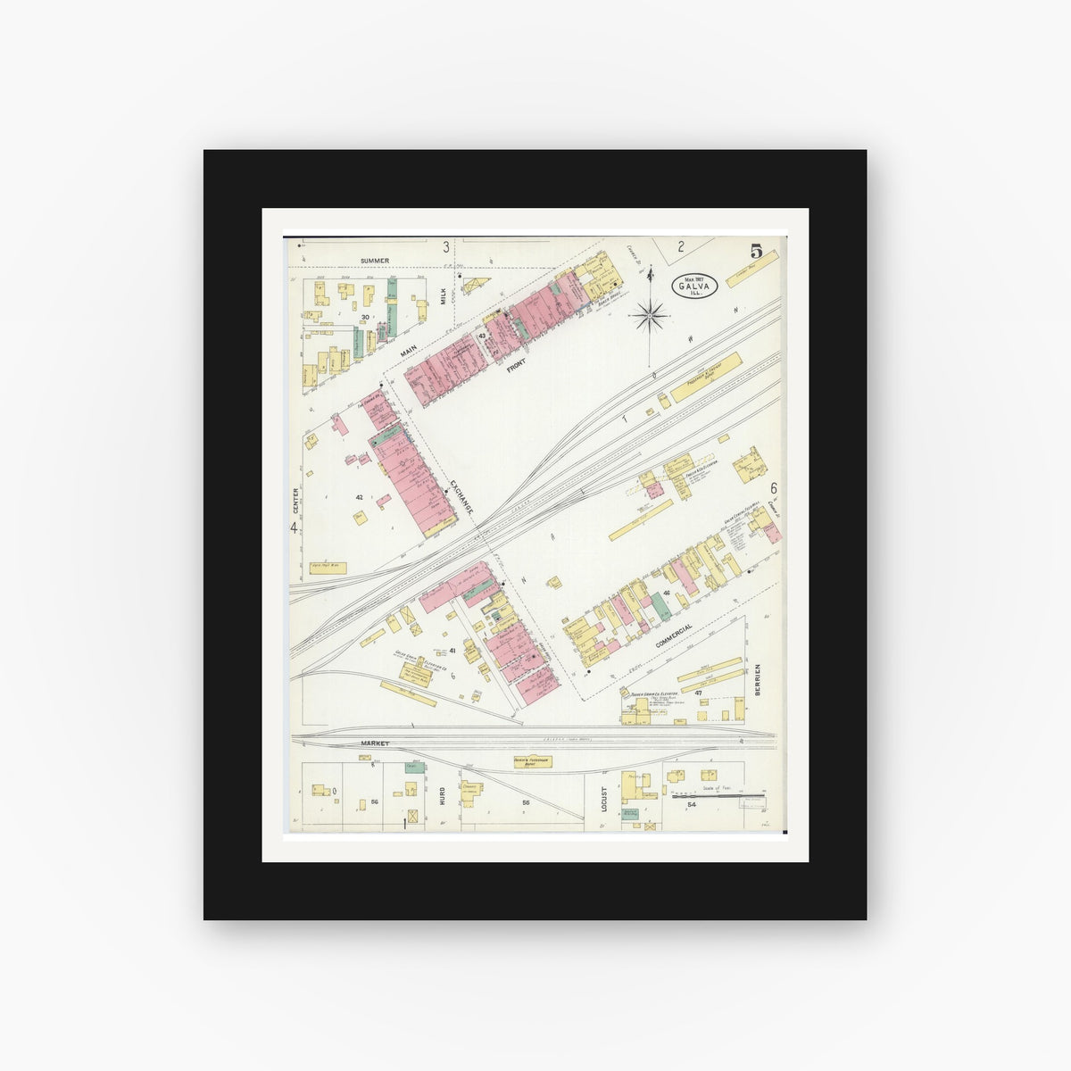 Old map wall art mockup — black gallery frame with white mat — Sanborn Fire Insurance Map from Galva, Henry County, Illinois (1907), Sheet #0005