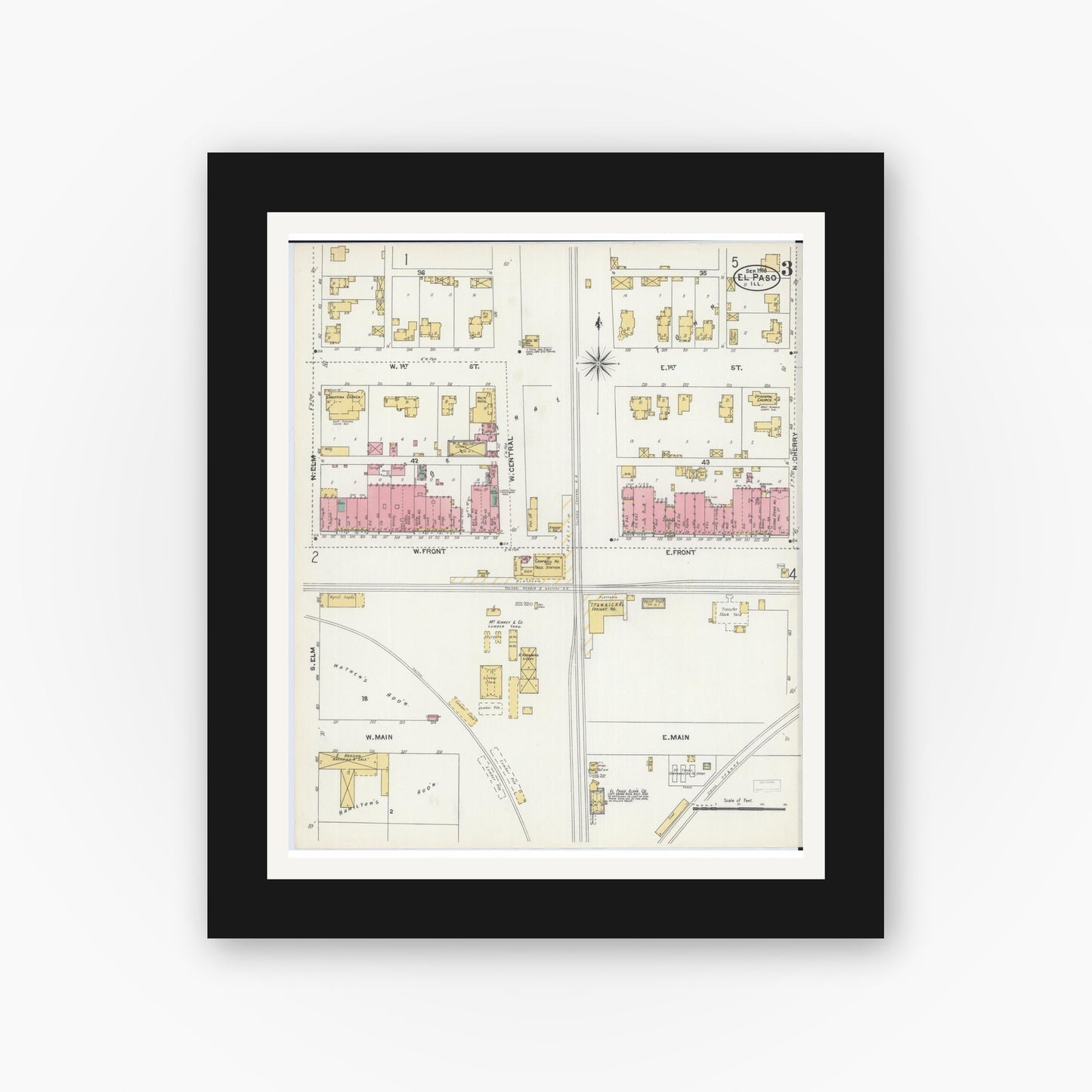 Old map wall art mockup — black gallery frame with white mat — Sanborn Fire Insurance Map from El Paso, Woodford County, Illinois (1906), Sheet #0003